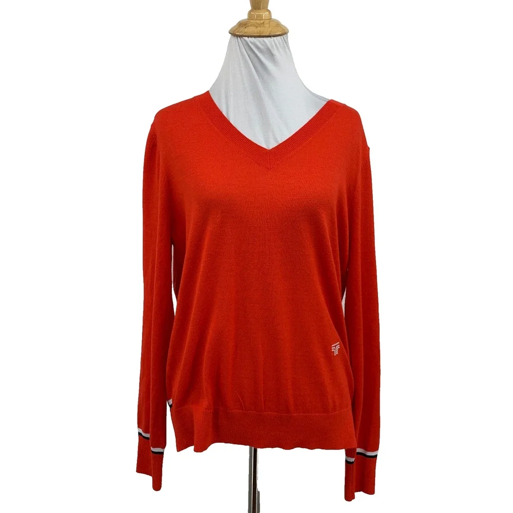 Tory Sport Sweater Womens M Medium Chili V Neck Long Sleeve Merino Wool Coolmax